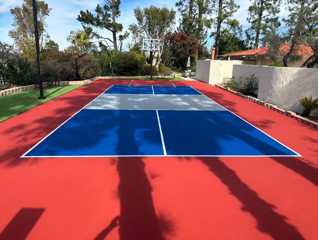 Red grey and blue pickleball court